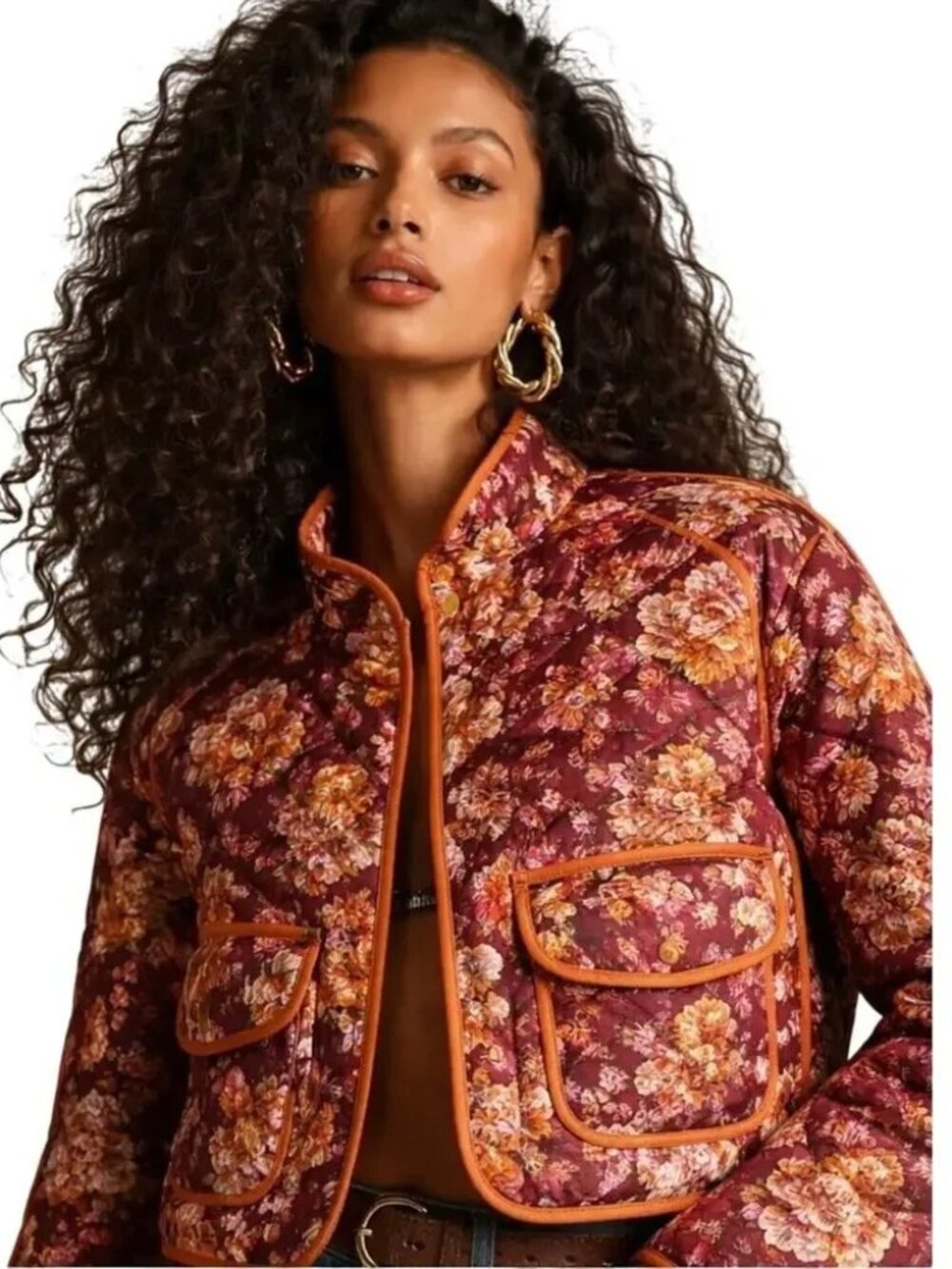 7 For All Mankind Quilted Cropped Jacket - Burgundy Floral - Size Medium